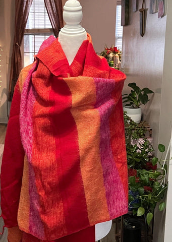 Red Orange Meditation Yak wool blanket scarf, Travel light weight blanket, Made in Nepal/Tibet, Handmade gift for her,