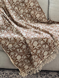 Brown floral throw blanket with tassels Boho home decor Hand block print sofa throw handmade throw for boho bed room decor Housewarming gift