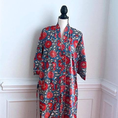 Pure Cotton robe, Indian Block printed House Robe Summer Kimono, red and Blue Floral Beach Coverup/Comfy Maternity wear, Gift for her