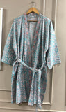 Blue Cotton Kimono Robe Dressing Gown, Hand Block Print Bridesmaid Robe, Summer Nightwear, One Size, Birthday gift for her