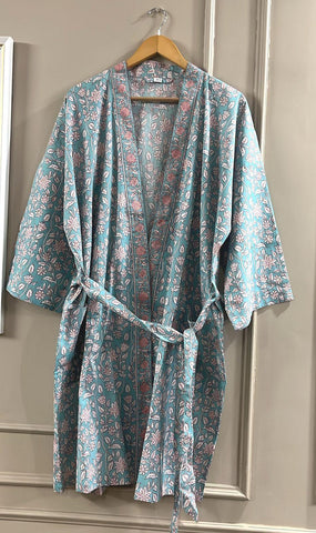 Blue Cotton Kimono Robe Dressing Gown, Hand Block Print Bridesmaid Robe, Summer Nightwear, One Size, Birthday gift for her