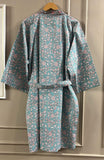 Blue Cotton Kimono Robe Dressing Gown, Hand Block Print Bridesmaid Robe, Summer Nightwear, One Size, Birthday gift for her