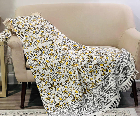 handmade throw, Yellow floral throw blanket couch, Hand block print sofa throw, Bohemian home decor,  New home gift for her