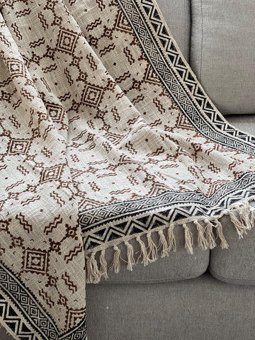 Brown floral throw blanket with tassels Boho home decor Hand block print sofa throw handmade throw for boho bed room decor Housewarming gift