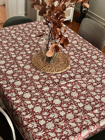 Rec Block Print Tablecloth, Tablecloth, Christmas Tablecloth Rectangle, Cotton Boho Red Floral Table Scape, Holiday/Christmas Decor