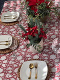 Rec Block Print Tablecloth, Tablecloth, Christmas Tablecloth Rectangle, Cotton Boho Red Floral Table Scape, Holiday/Christmas Decor