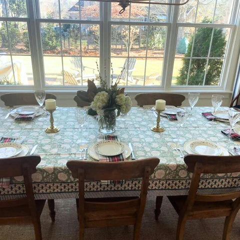 Sage Green Floral Indian BlockPrint Table Cloth for Dining Table, Christmas Table scape, Holiday Decor for Home