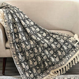 Vintage Handmade Throw Hand block print Throw Cotton Throw Blanket Tassels Hand Loomed Block Print Cotton Sofa Throw, Gift for her