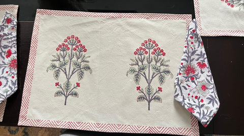 100% Cotton Block Print Placemat set with Napkins for Dining Table, Home Decor