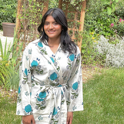 Pure Cotton robe, Summer Kimono Indian Block printed House Robe o, red and Blue Floral Beach Cover up Gift for her