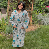 Pure Cotton robe, Summer Kimono Indian Block printed House Robe o, red and Blue Floral Beach Cover up Gift for her