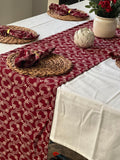 Red block print cotton table runner with napkins,, handprinted table linen, Wreath print, Christmas table scape