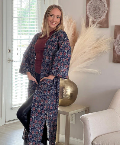 Boho Cotton Robe for Women, Beach Kimono for Women in Block Print, Kimono Swimsuit Cover Up for Women, Gift for Women