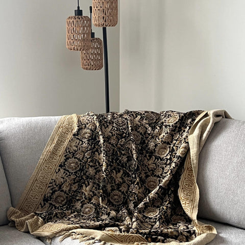 Beautiful hand block print handmade throw blanket for room decor, Boho cotton woven blanket for bedroom decor,  Unique housewarming gift