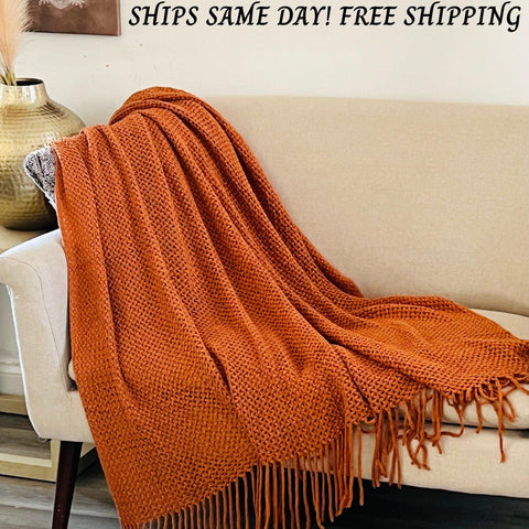 Cozy throw, Rust orange throw blanket couch, Soft Sofa throw, Cozy throw blanket,Birthday Gift for her, Gift for mom/dad