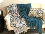 Blue Floral Print Throw Blanket Couch, Boho Decorative Blanket for Living Room,Cotton Woven Throw blanket for Bedroom, B day Gift for friend