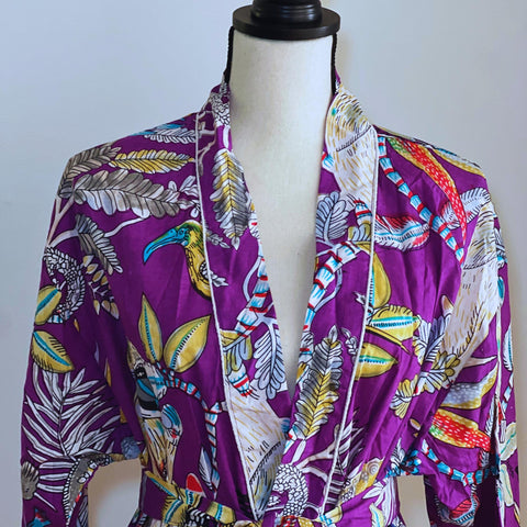 Pure cotton robe in bird print Cotton Kimono Robe for Women cotton lounge wear  Cotton House robe for Women Knee length Robe Gift for women