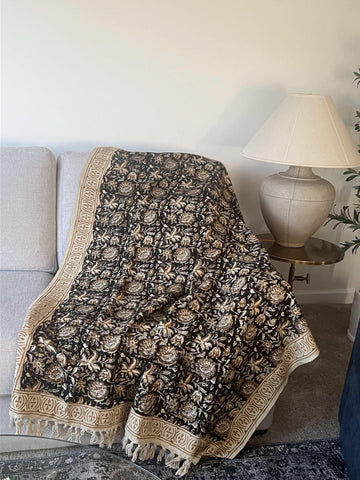 Designer vintage soft floral throw blanket couch Handmade throw Hand block print cotton king neutral blanket home decor Hand loomed Gift