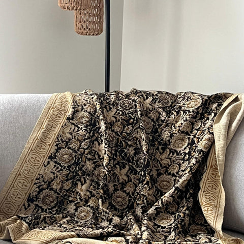 Designer vintage soft floral throw blanket couch Handmade throw Hand block print cotton king neutral blanket home decor Hand loomed Gift