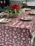 Red and White Floral Print Cotton Hand block Print Tablecloth, Red India Tablecloth, Christmas Decor, Holiday Party, Hostess Gift