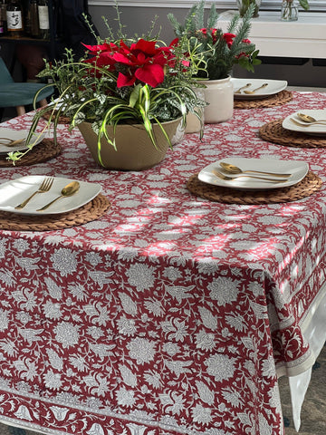Red and White Floral Print Cotton Hand block Print Tablecloth, Red India Tablecloth, Christmas Decor, Holiday Party, Hostess Gift