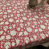 Red and White Floral Print Cotton Hand block Print Tablecloth, Red India Tablecloth, Christmas Decor, Holiday Party, Hostess Gift