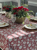 Red and White Floral Print Cotton Hand block Print Tablecloth, Red India Tablecloth, Christmas Decor, Holiday Party, Hostess Gift