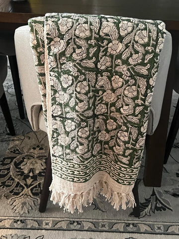 Green floral throw blanket couch Handmade throw blanket with tassels Hand block print cotton bedding Spring home decor Hand loomed throw