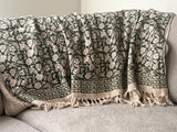 Green floral throw blanket couch Handmade throw blanket with tassels Hand block print cotton bedding Spring home decor Hand loomed throw