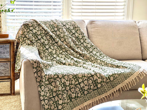 Black floral throw blanket Neutral Home Decor, Hand block printed throw blanket Queen/ King Size Bed Throw Housewarming gift for friend